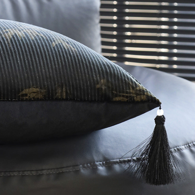 Square decorative cushion made of velvet with relief longitudinal stripes and fringe tassel Stornfield