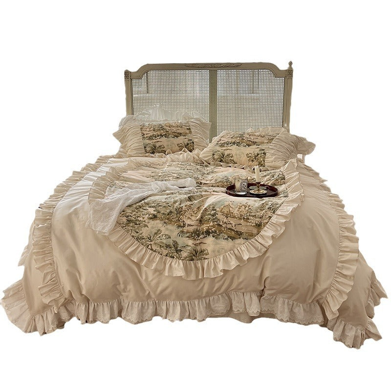 Romantic bedding set with ruffles and vintage toile print