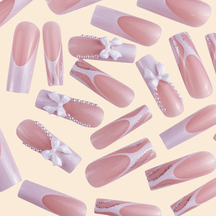 Decorative Long Coffin Nail Extensions with Bow Accents Stornfield