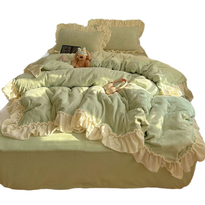 Plush Embroidered Butterfly Microfleece Reversible Comforter with Ruffle Trim