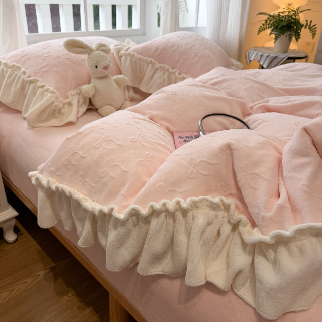 Embroidered Plush Quilted Duvet Comforter Set with Ruffled Skirt