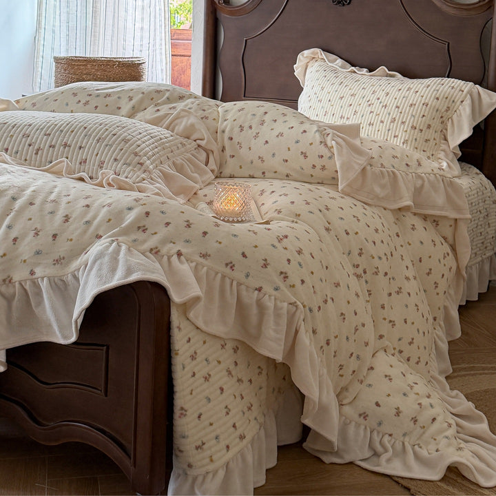Floral Quilted Ruffled Duvet Cover Set with Gathered Pillow Shams