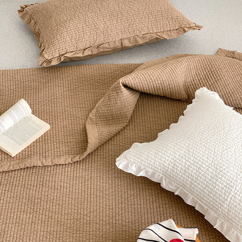 Textured Ribbed Quilted Bedspread Set with Ruffled Edge Pillow Shams