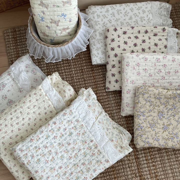 Quilted Ruffled Floral Cotton Coverlet Bedspread Set with Lace-Trim Pillow Shams