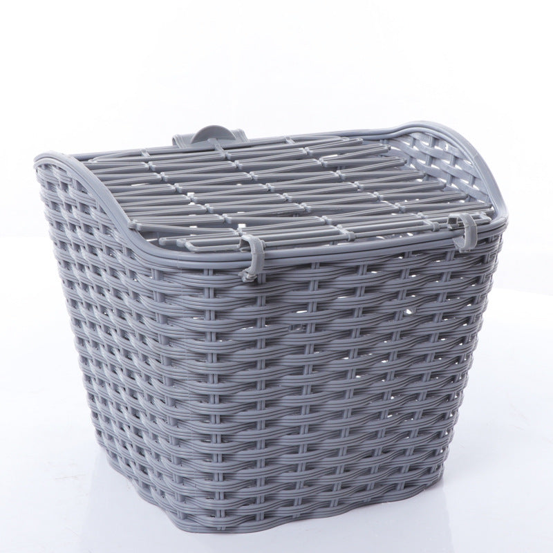 woven front bicycle basket with hinged lid and universal handlebar mount Stornfield