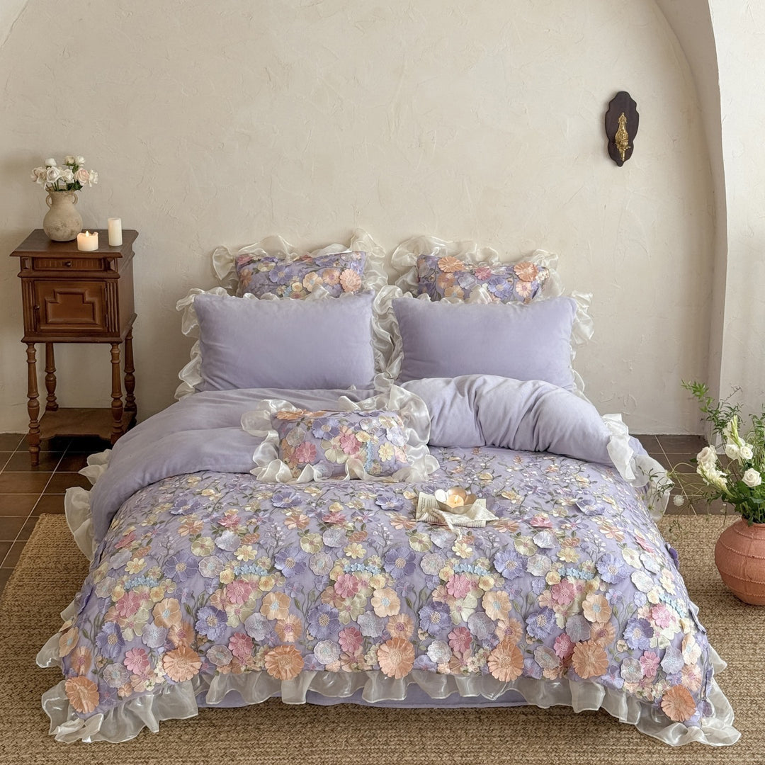 Embroidered Floral Organza Ruffle Duvet Cover Bedding Set