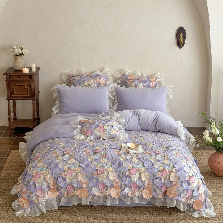 Embroidered Floral Organza Ruffle Duvet Cover Bedding Set
