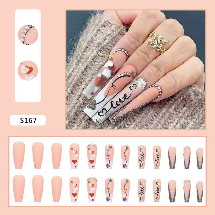 Acrylic nail set with romantic heart and glitter decorations Stornfield