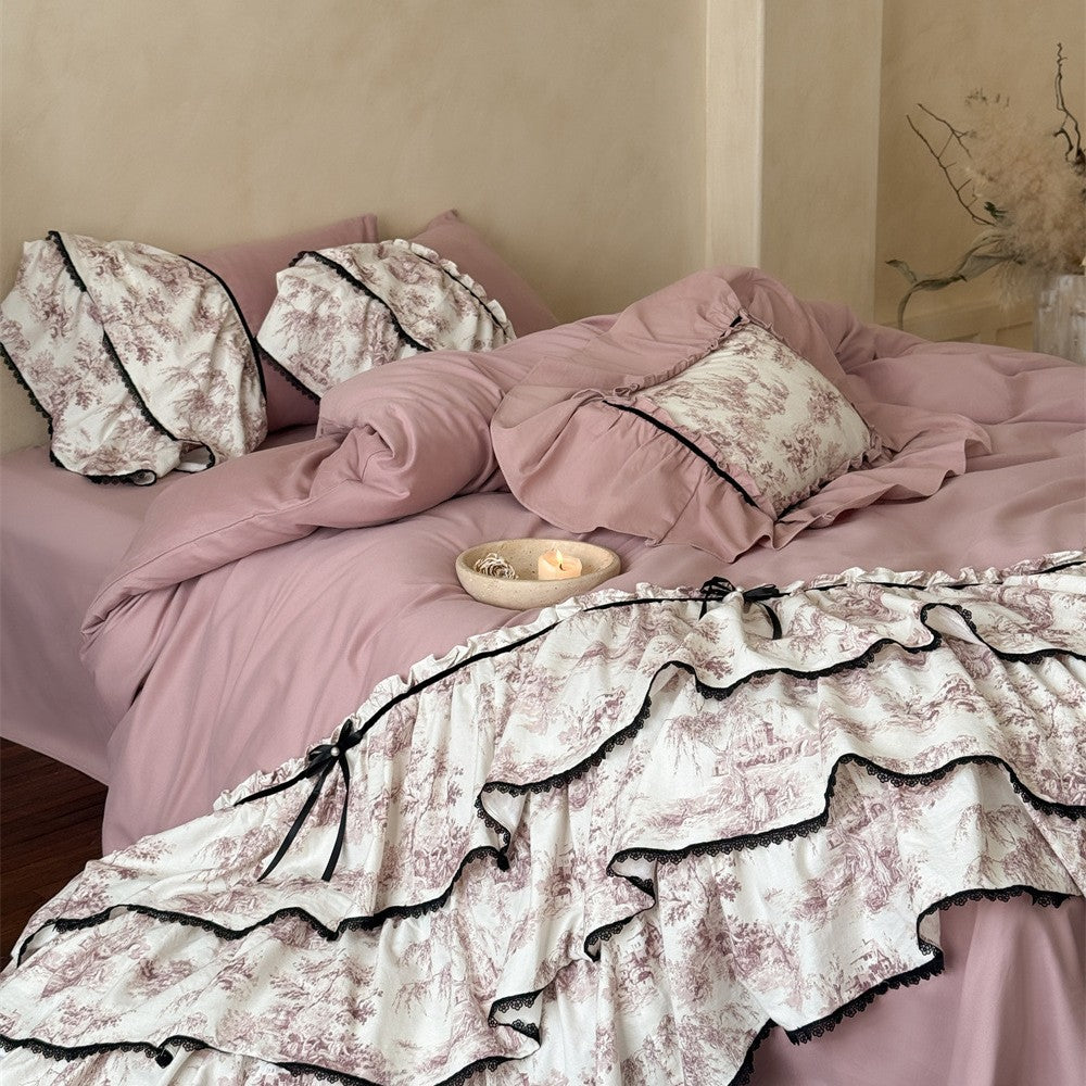 Romantic Ruffled Bedding Set with Vintage Toile Motif, Ruffles and Bedskirt