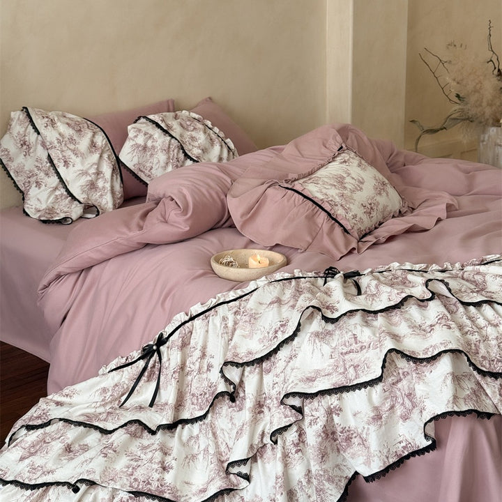 Romantic Ruffled Bedding Set with Vintage Toile Motif, Ruffles and Bedskirt