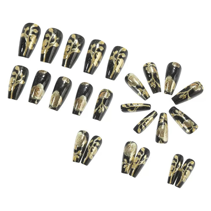 Artificial nail set with elegant golden rose decorations Stornfield