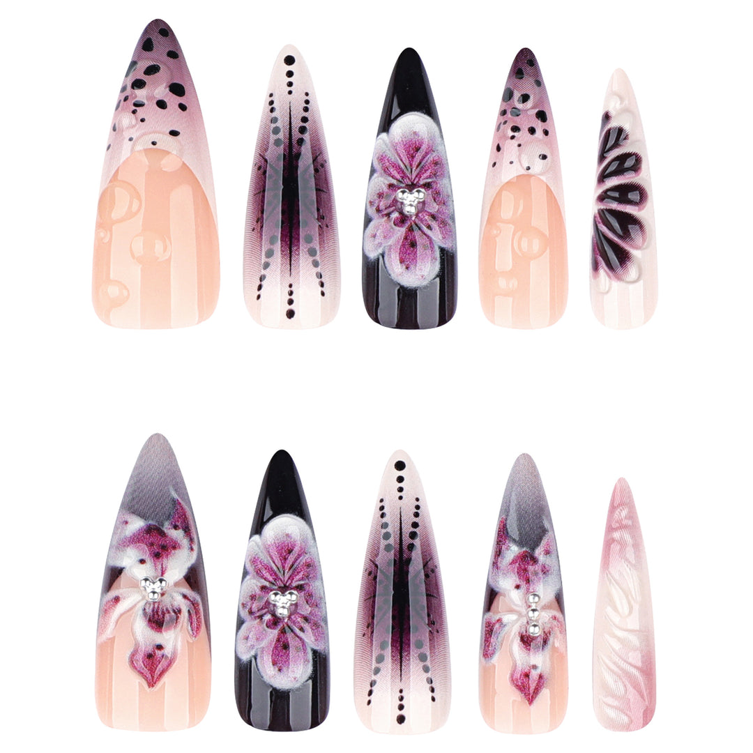 Artistic stiletto nails with floral 3D embellishments Stornfield