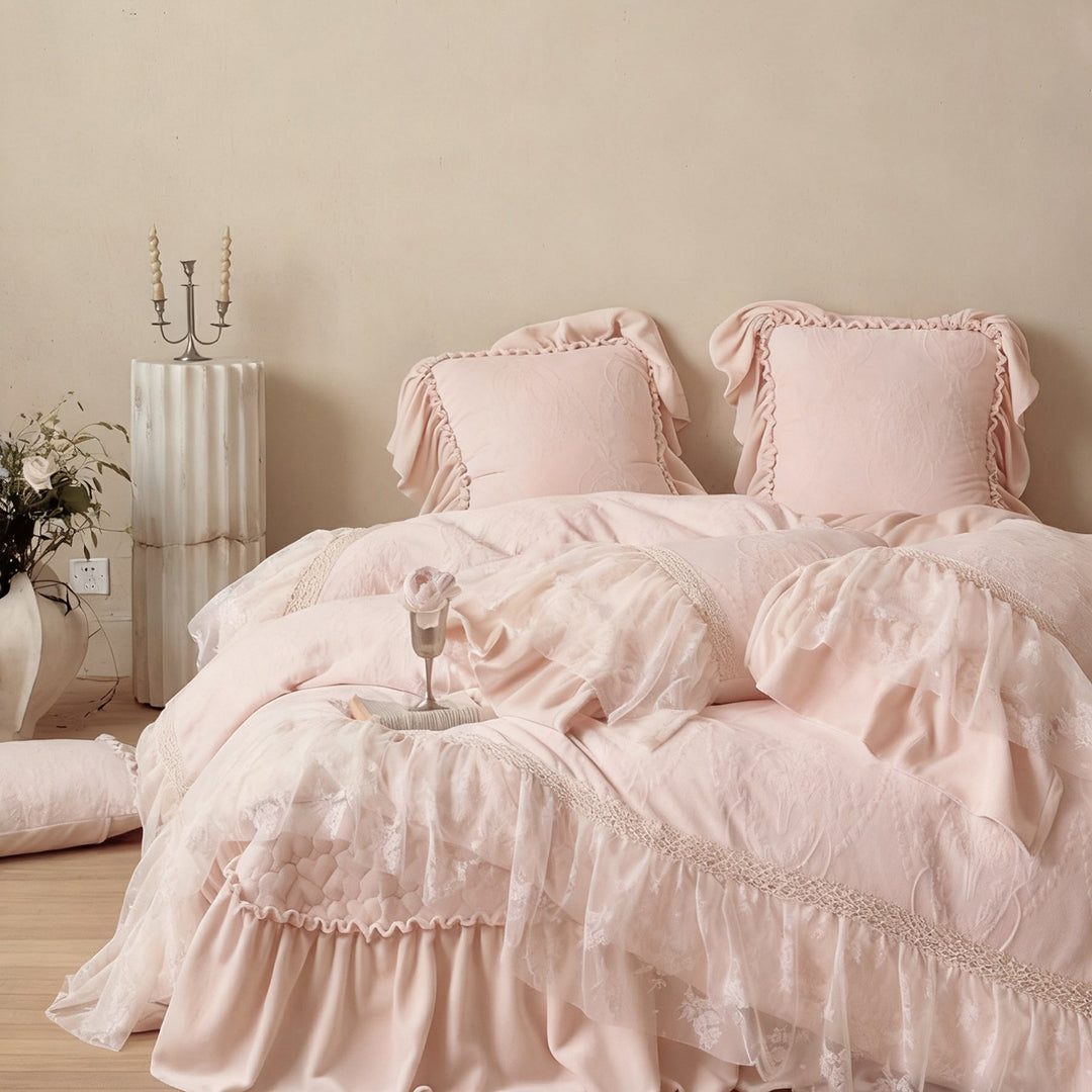 Romantic bedding set with lace trim, ruffle, and quilted blanket
