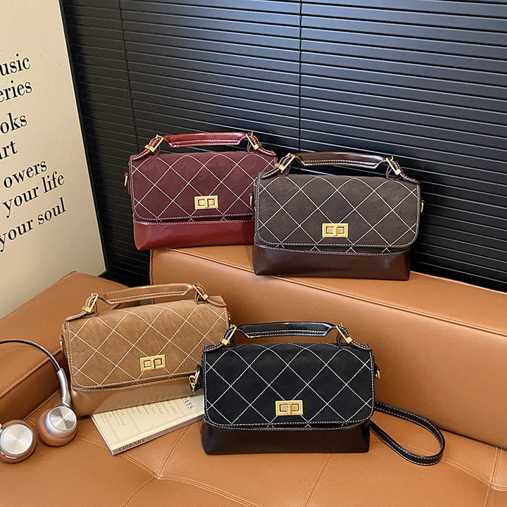 Quilted Suede and Glossy Leather Handheld Satchel