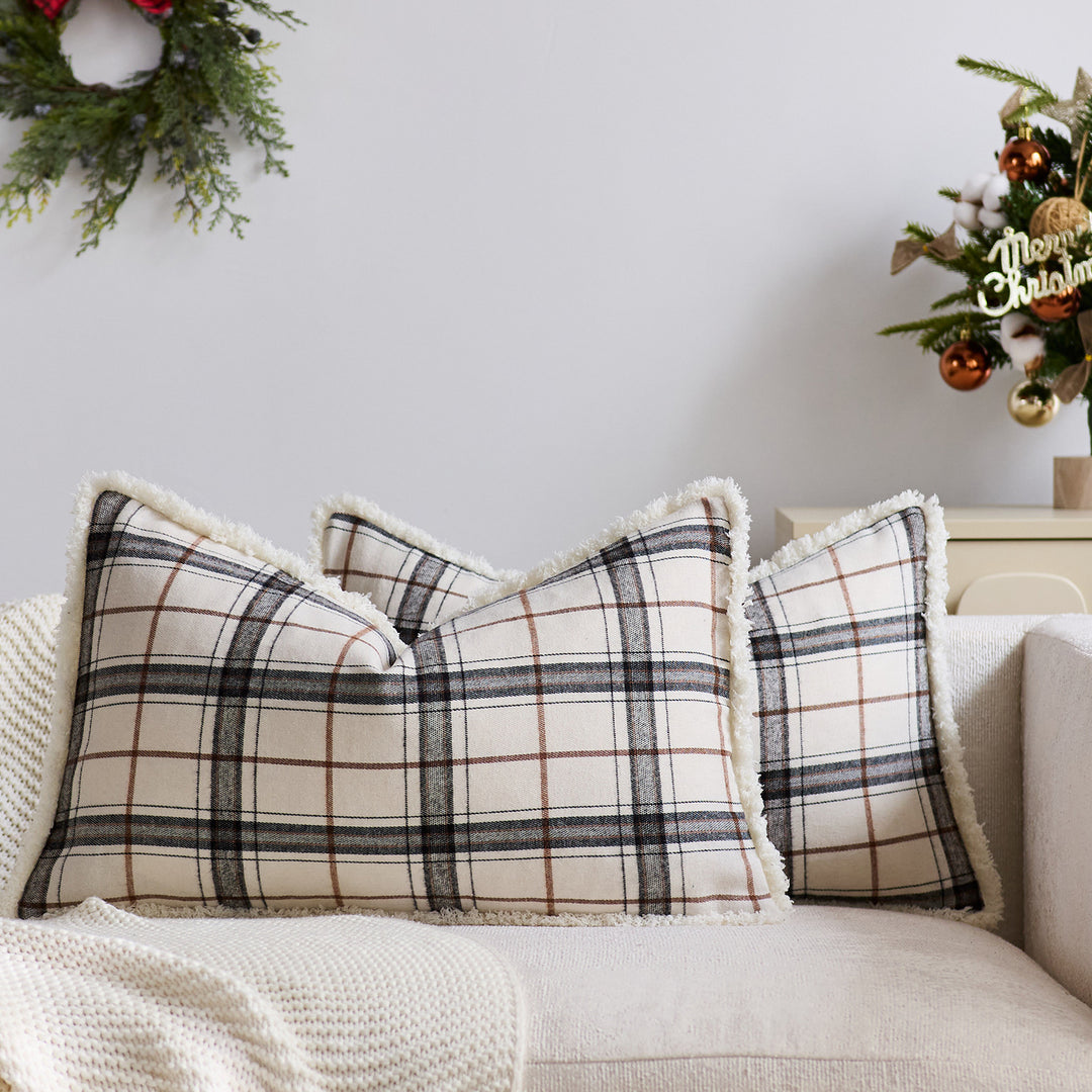 Plaid Sherpa-Trim Square Decorative Throw Pillow Cover
