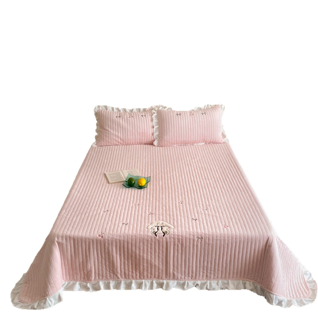 Quilted Ruffled Bedspread Set with Embroidered Bow Motifs and Ruffled Pillow Shams