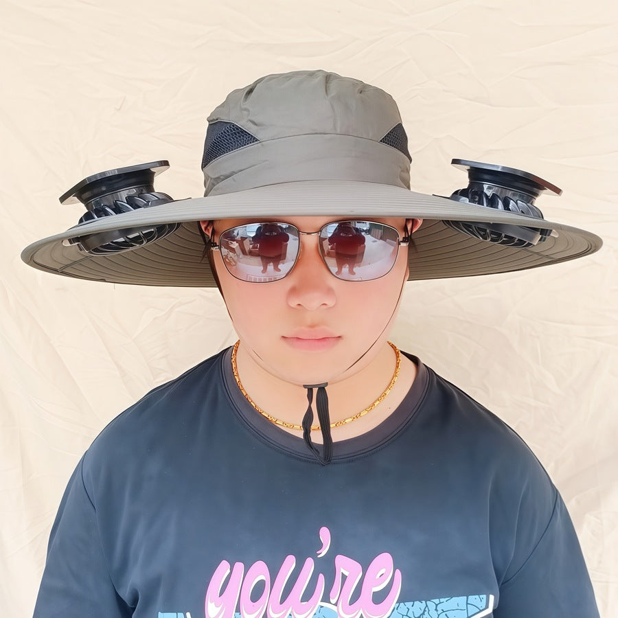 Wide-brimmed sun hat with detachable swivel solar fans and adjustable chin strap Stornfield