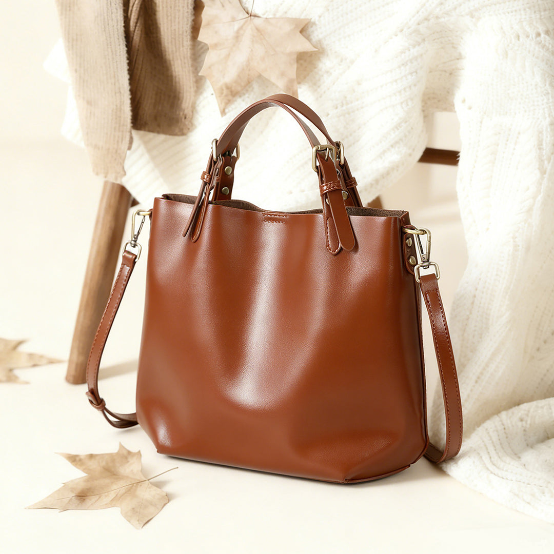 Structured Vegan Leather Bucket Tote with Adjustable Strap and Gold Hardware