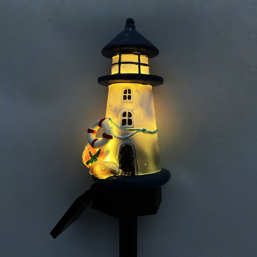 Resin Lighthouse LED Garden Stake Lamp With Integrated Solar Panel And Lifebuoy Ornament Stornfield