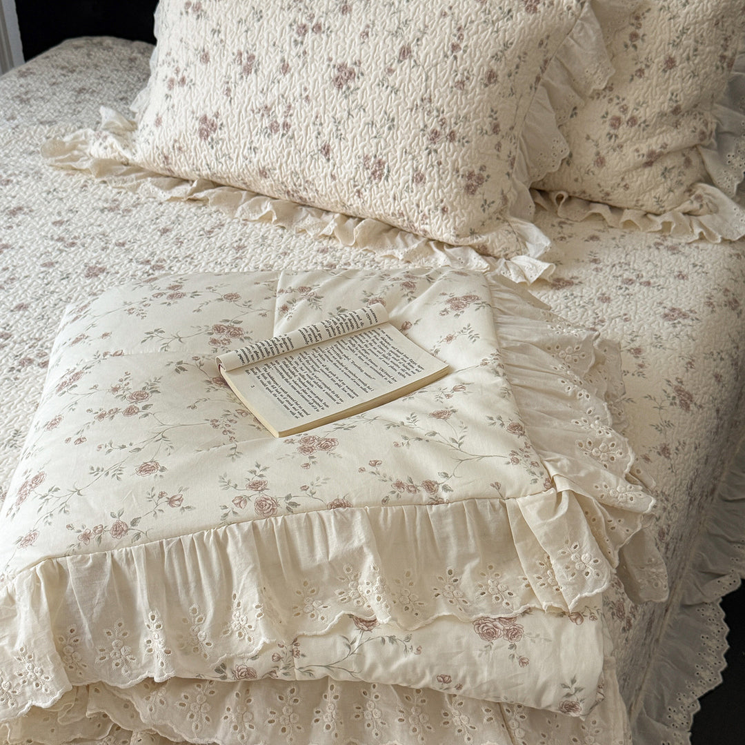 Quilted Ruffled Eyelet Lace Bedspread with Matching Frilled Pillow Shams