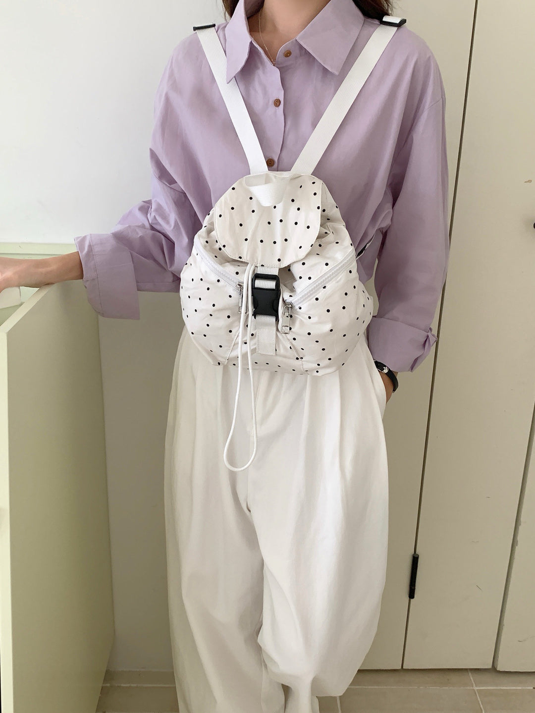 Compact Polka Dot Drawstring Backpack
