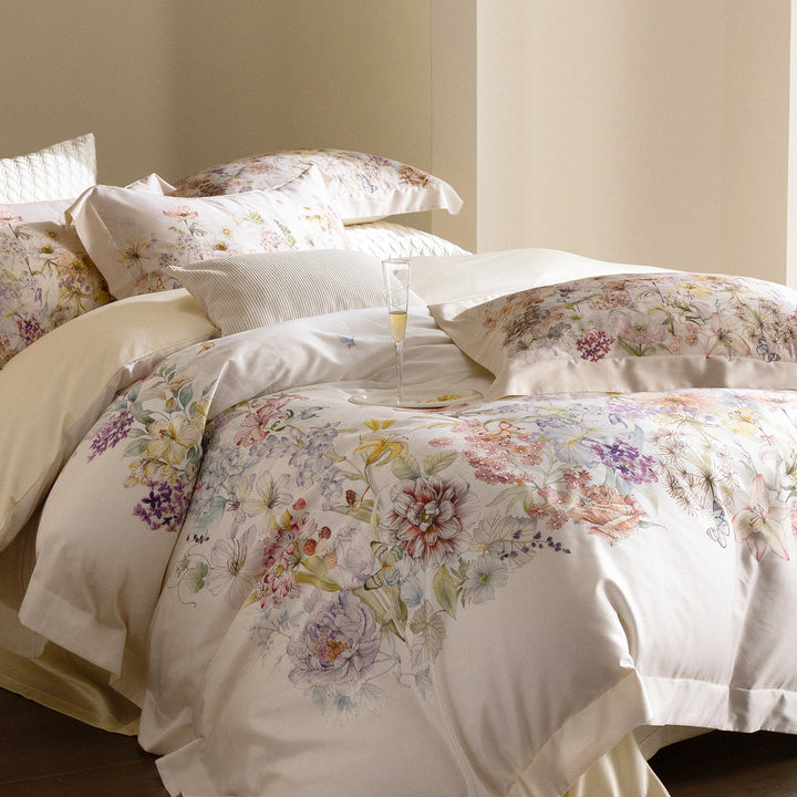 Floral Embroidered Cotton Sateen Duvet Cover Set with Reversible Pillowcases