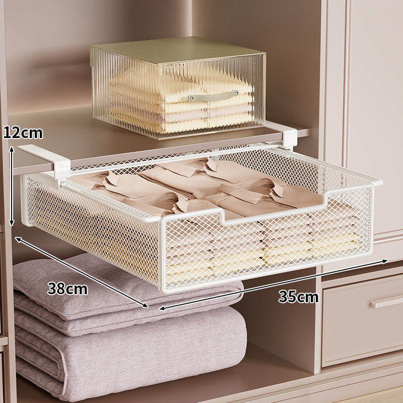 Pull-Out Under-Shelf Ventilated Metal Mesh Storage Drawer for Wardrobe and Closet Organization