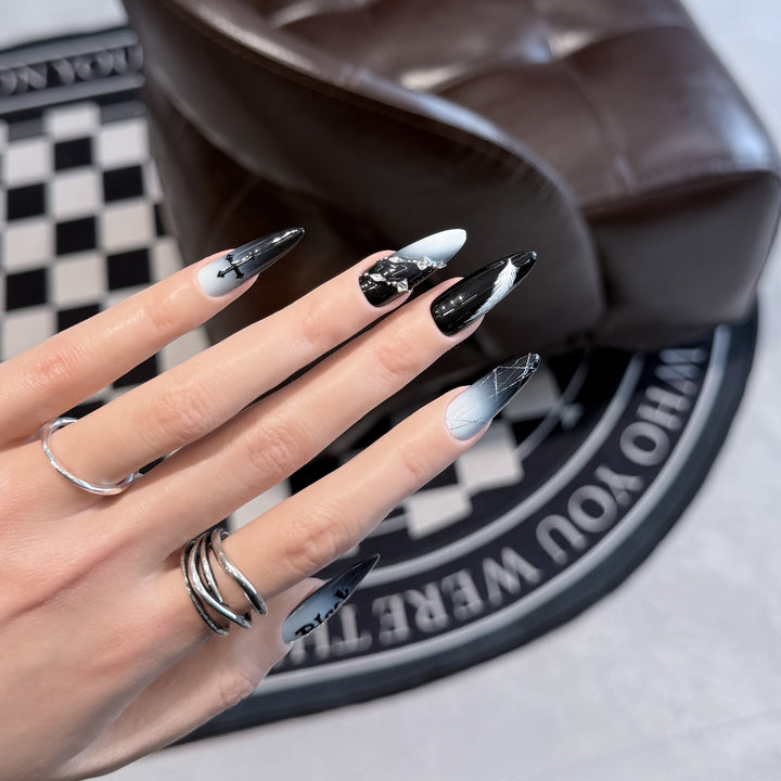 Artistic Press-On Nail Set with Gothic Feather and Cross Design Stornfield