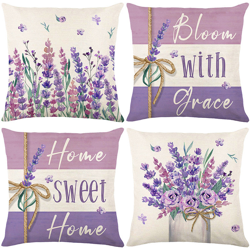 Decorative Floral Linen Throw Pillow Cover with Painted Bouquet Print