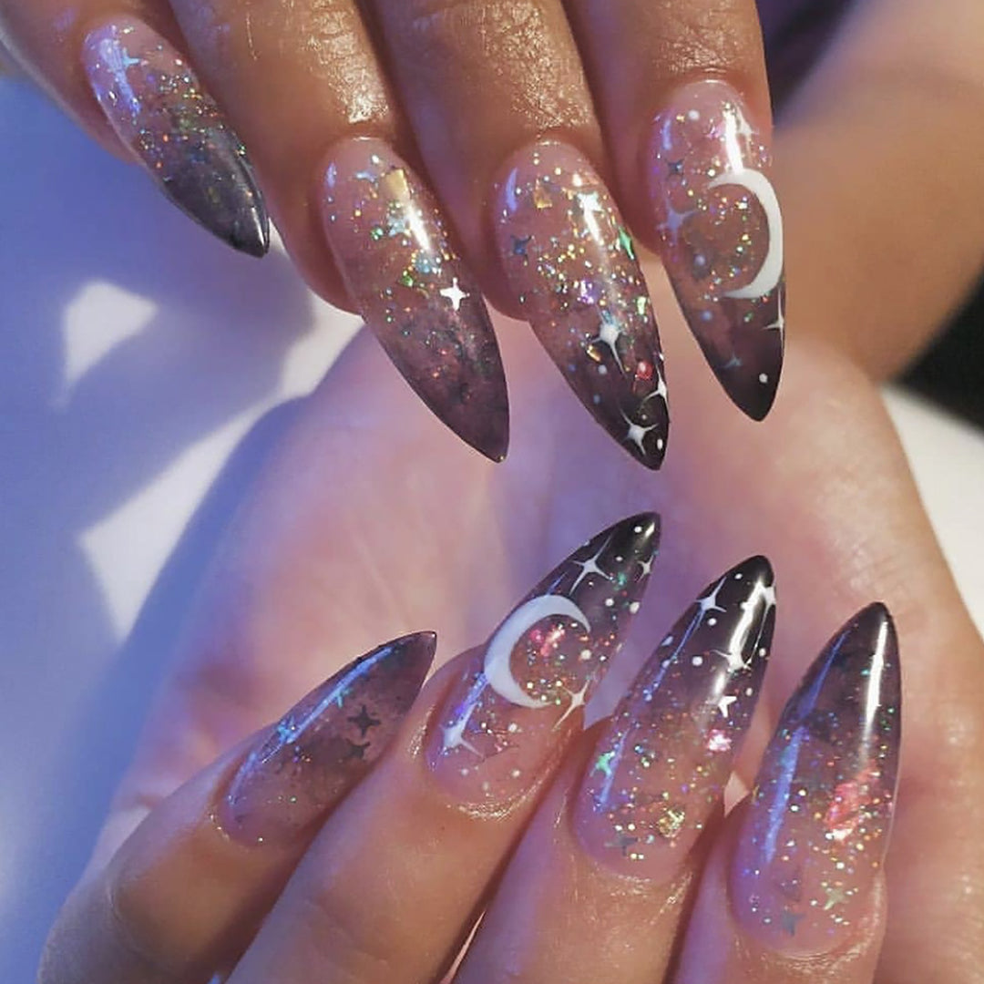 Glamorous Stiletto Press-On Nails with Celestial Design Stornfield
