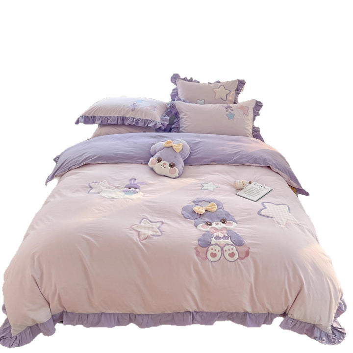 Ruffled Plush Embroidered Cartoon Bedding Duvet Cover Set