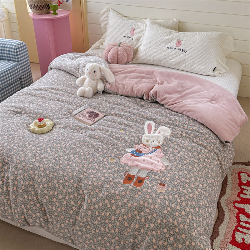 quilted cuddly blanket with 3D rabbit applique and floral microfiber cover