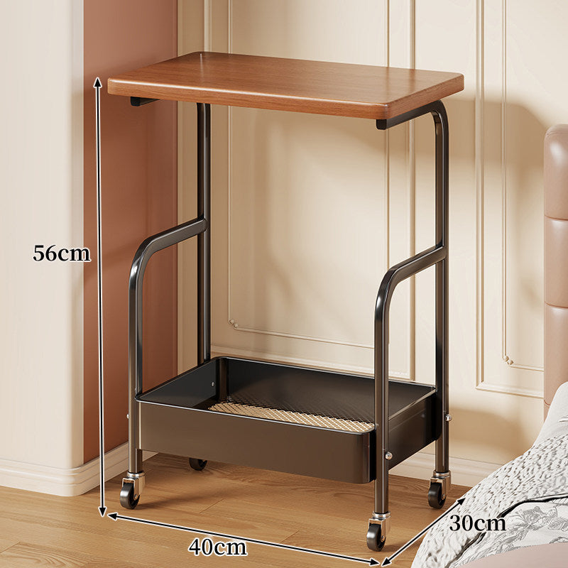 Mobile Wooden-Top Bedside Cart with Metal Frame and Lower Storage Tray