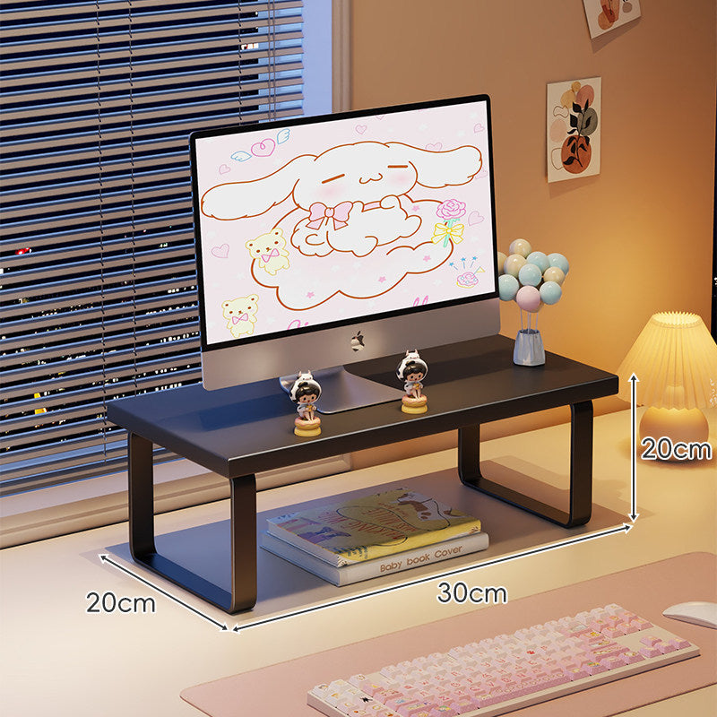 Low-Profile Wooden Monitor Riser with Metal Legs and Under-Shelf Storage