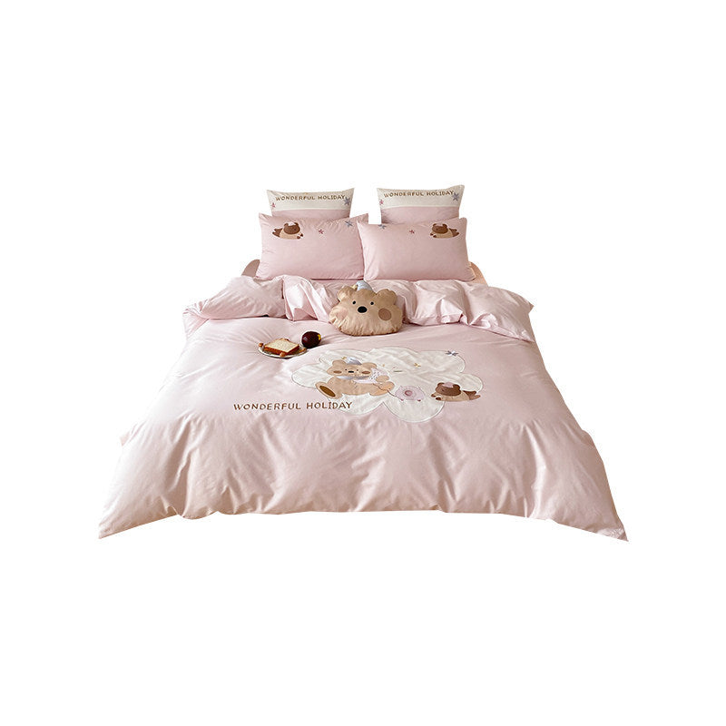 Children's Bear-Illustration Cotton-Blend Duvet Cover Set with Plush Cloud Cushion & Pillowcases