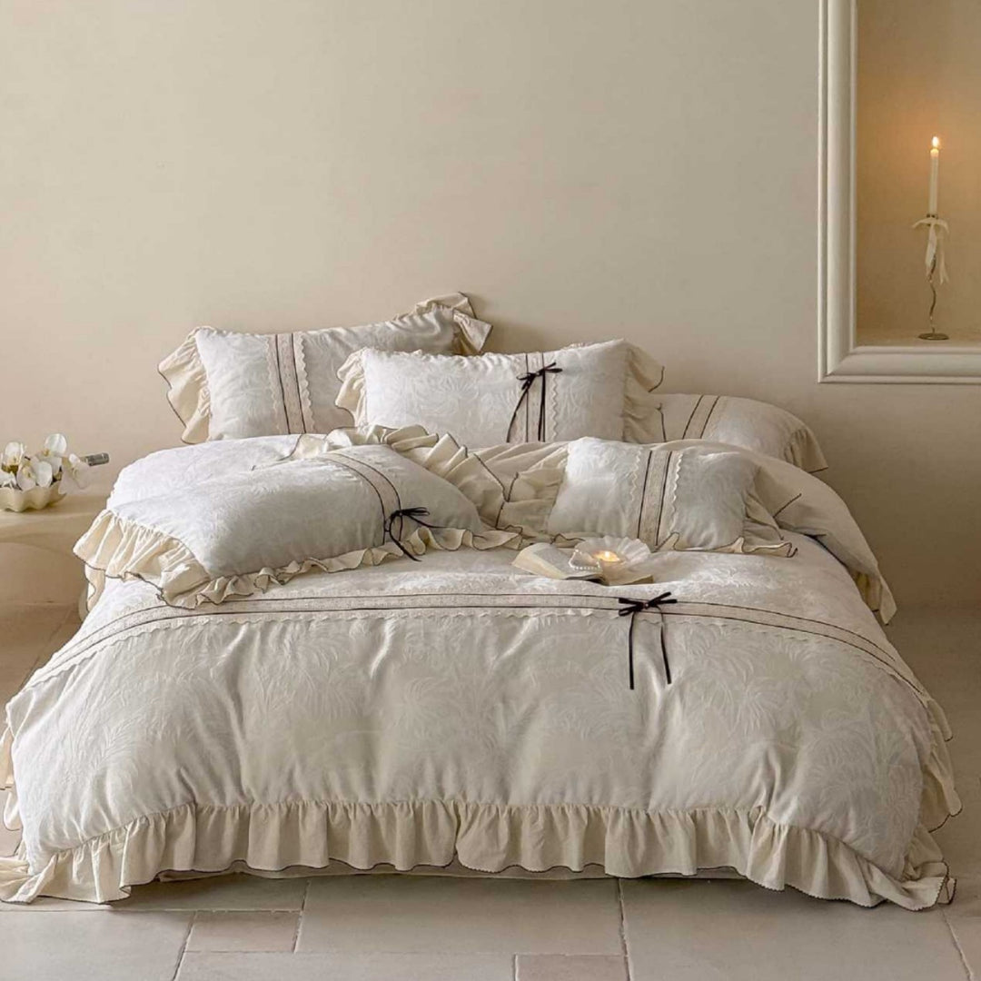 Ruffled Jacquard Cotton Duvet Cover Set with Frilled Bedskirt and Contrast Ribbon Bows