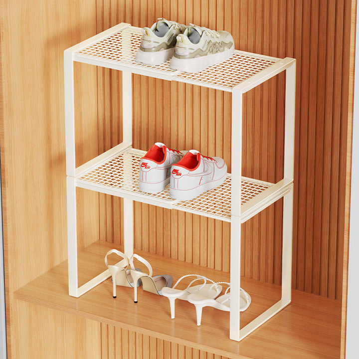 Multi-Tier Metal Mesh Shoe Storage Rack with Open Grid Shelves and Matte Frame