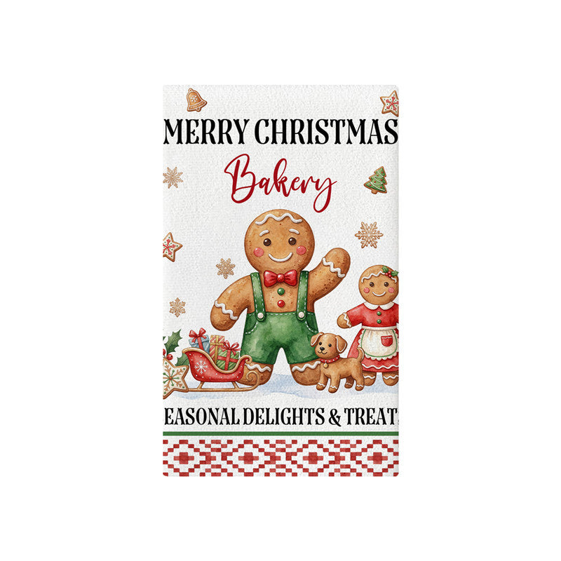 Festive Cotton-Linen Kitchen Tea Towel with Christmas Tree Print and Buffalo Check Border