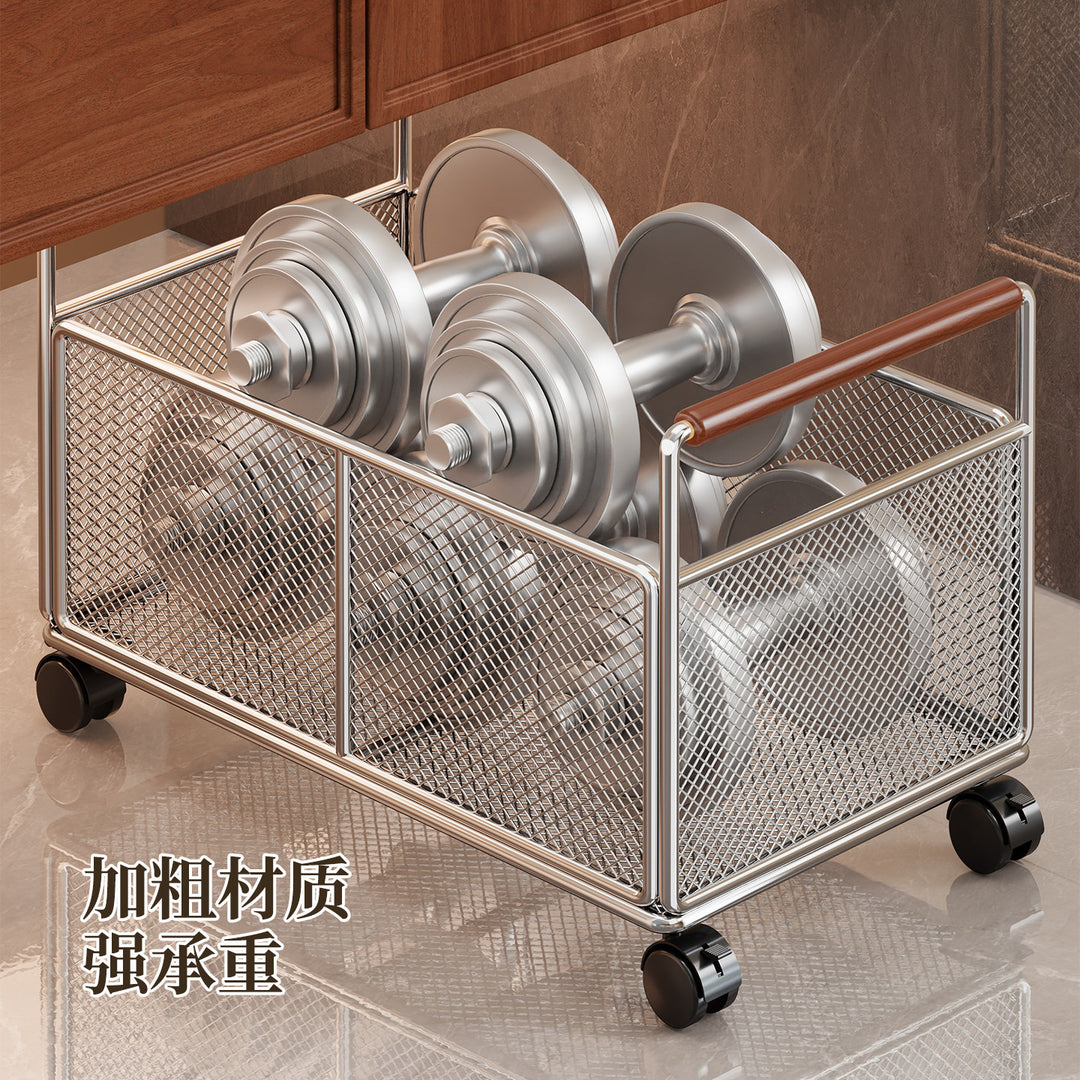 Low-Profile Metal Mesh Storage Crate with Dual Wood-Accent Handles for Blankets and Towels