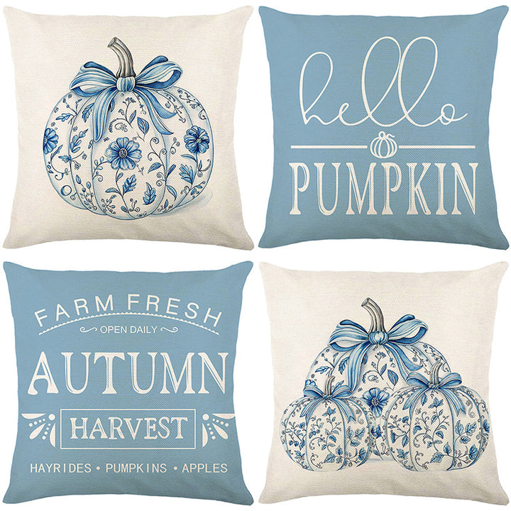 Decorative Linen Throw Pillow Cover with Floral Pumpkin Illustration and Bow Accents