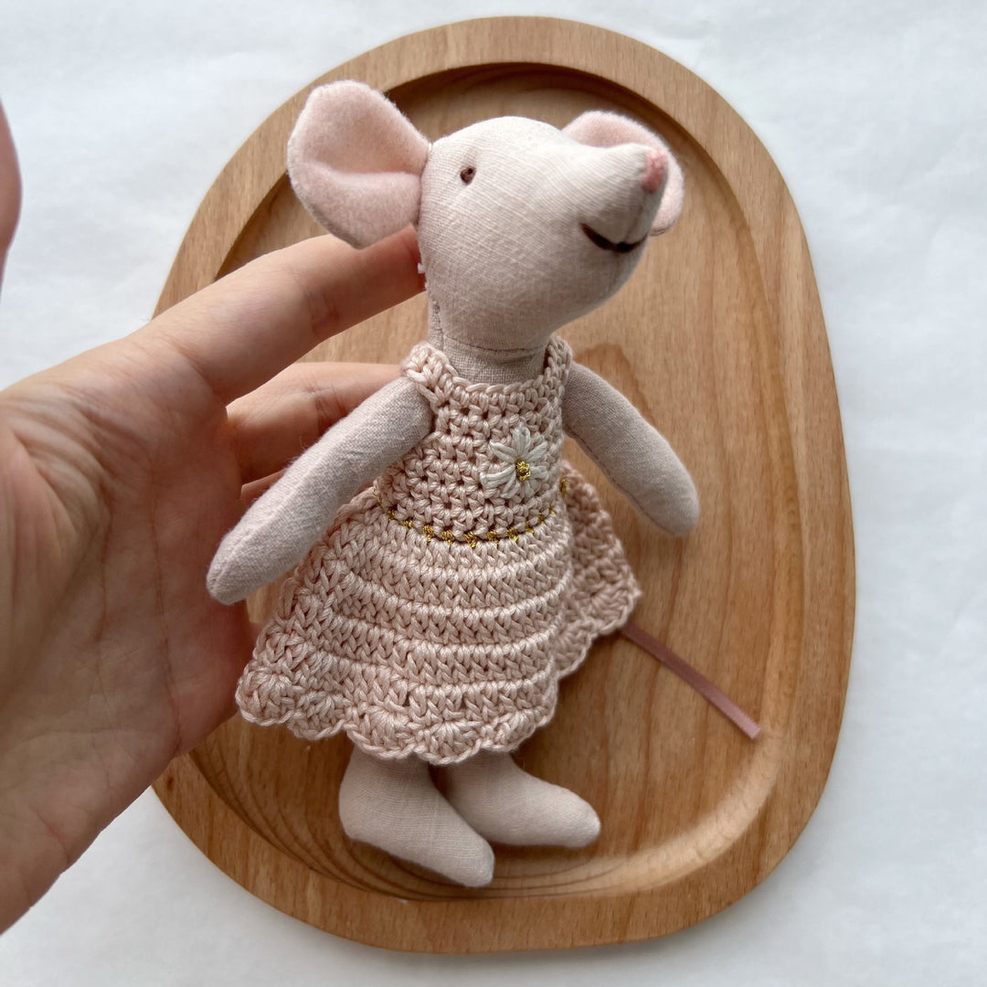 Handcrafted Linen Mouse Doll with Crocheted Dress and Embroidered Face