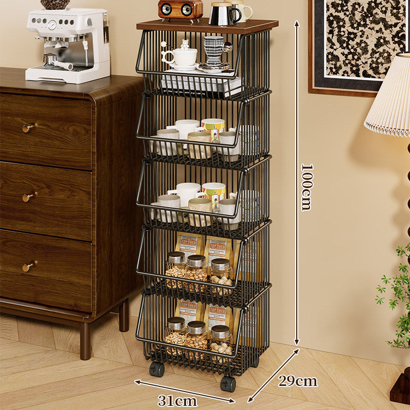 Mobile Four-Tier Kitchen Pantry Organizer Cart with Wood Top and Rolling Wire Baskets