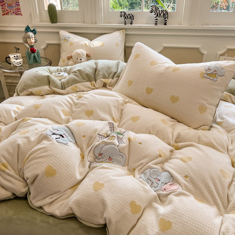 Reversible Flannel Duvet Comforter Set with Embroidered Elephant and Heart Motif