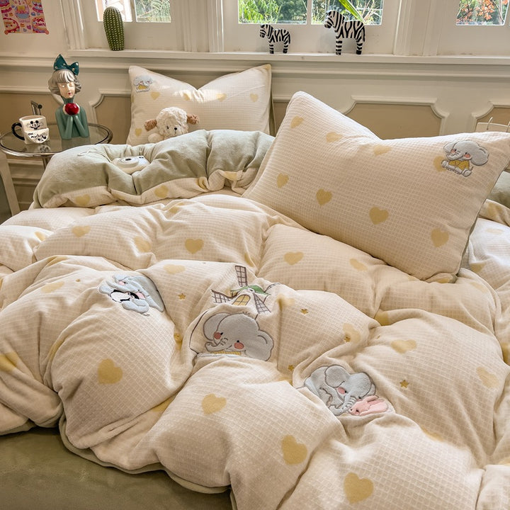 Reversible Flannel Duvet Comforter Set with Embroidered Elephant and Heart Motif