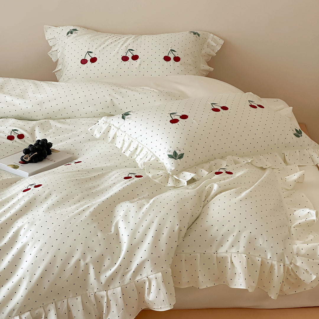 Romantic cotton satin duvet cover set with cherry embroidery, ruffle and reversible function