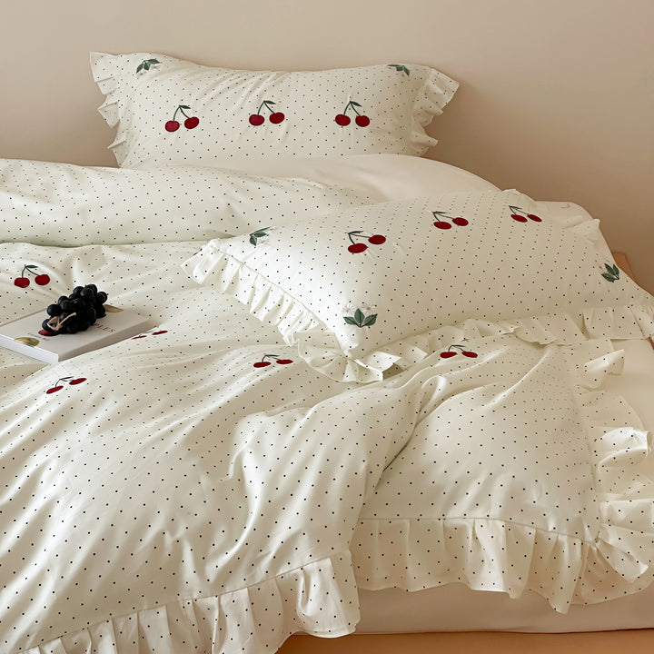 Romantic cotton satin duvet cover set with cherry embroidery, ruffle and reversible function