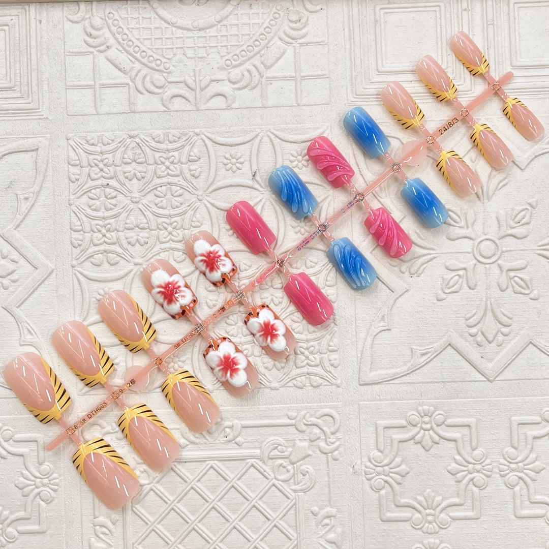 Artistic Press-On Nail Set with Floral and Wave Designs Stornfield