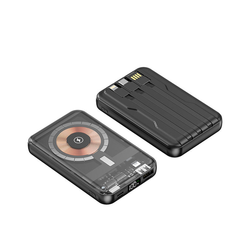 Portable power bank with wireless charging function and integrated cable system Stornfield