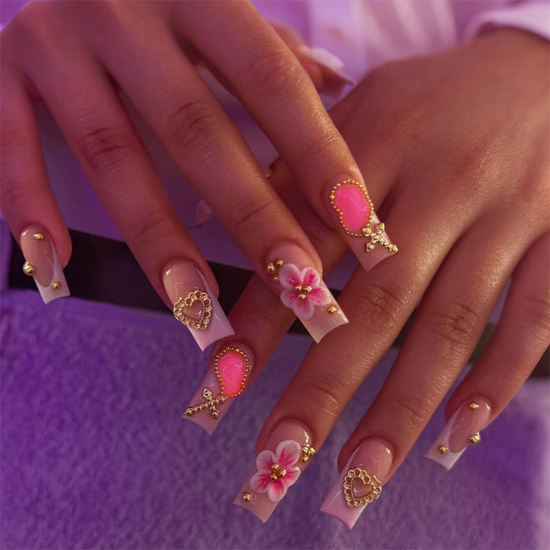 Decorative Floral Press-On Nail Set with Gem Accents Stornfield