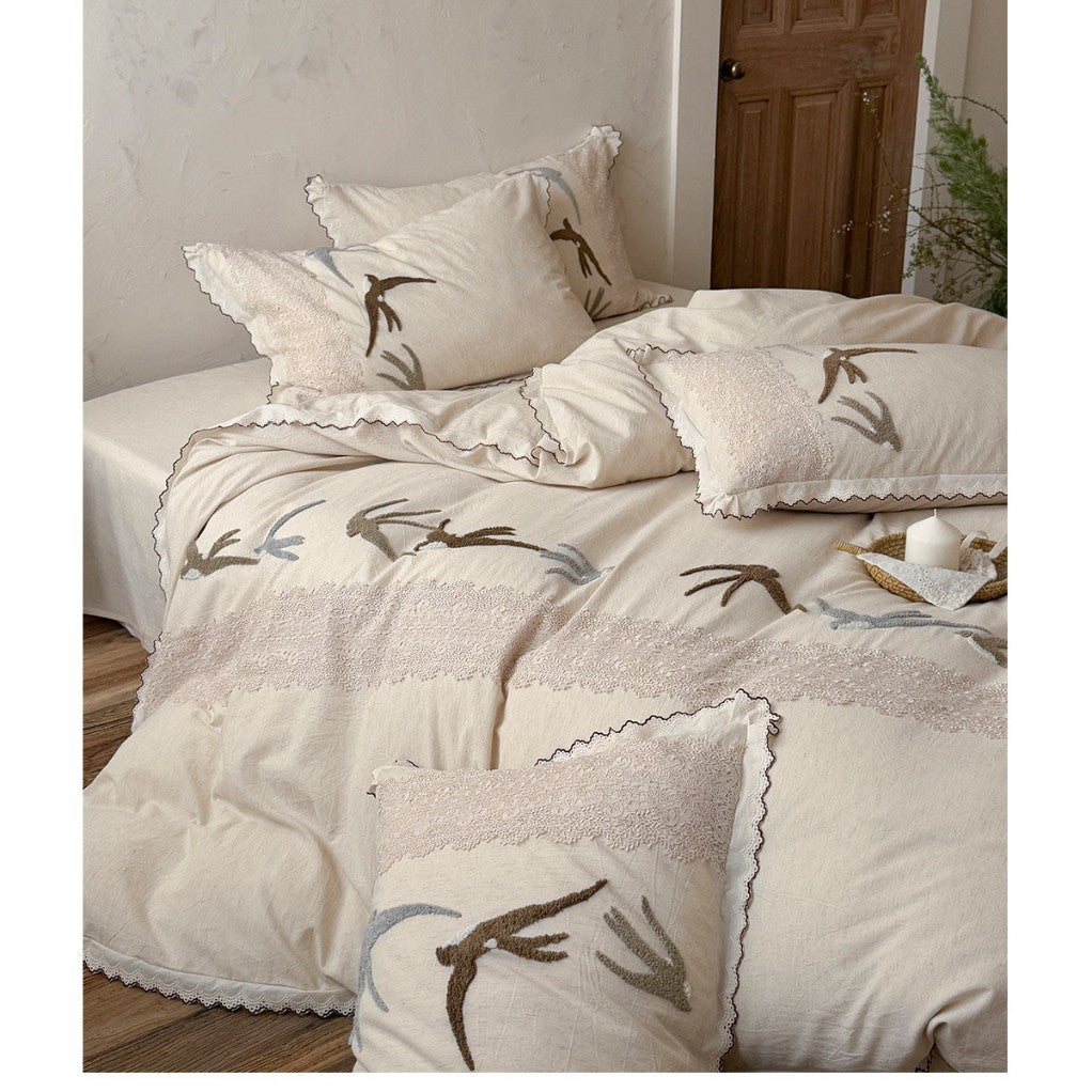 Embroidered Bird Linen-Blend Duvet Cover Set with Scalloped Lace Trim
